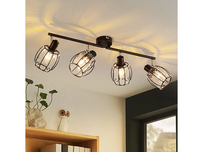 Set van 4 Vintage Zwarte Kristallen Plafondspots E14 voor Gang, 350° Draaibaar, Industrieel