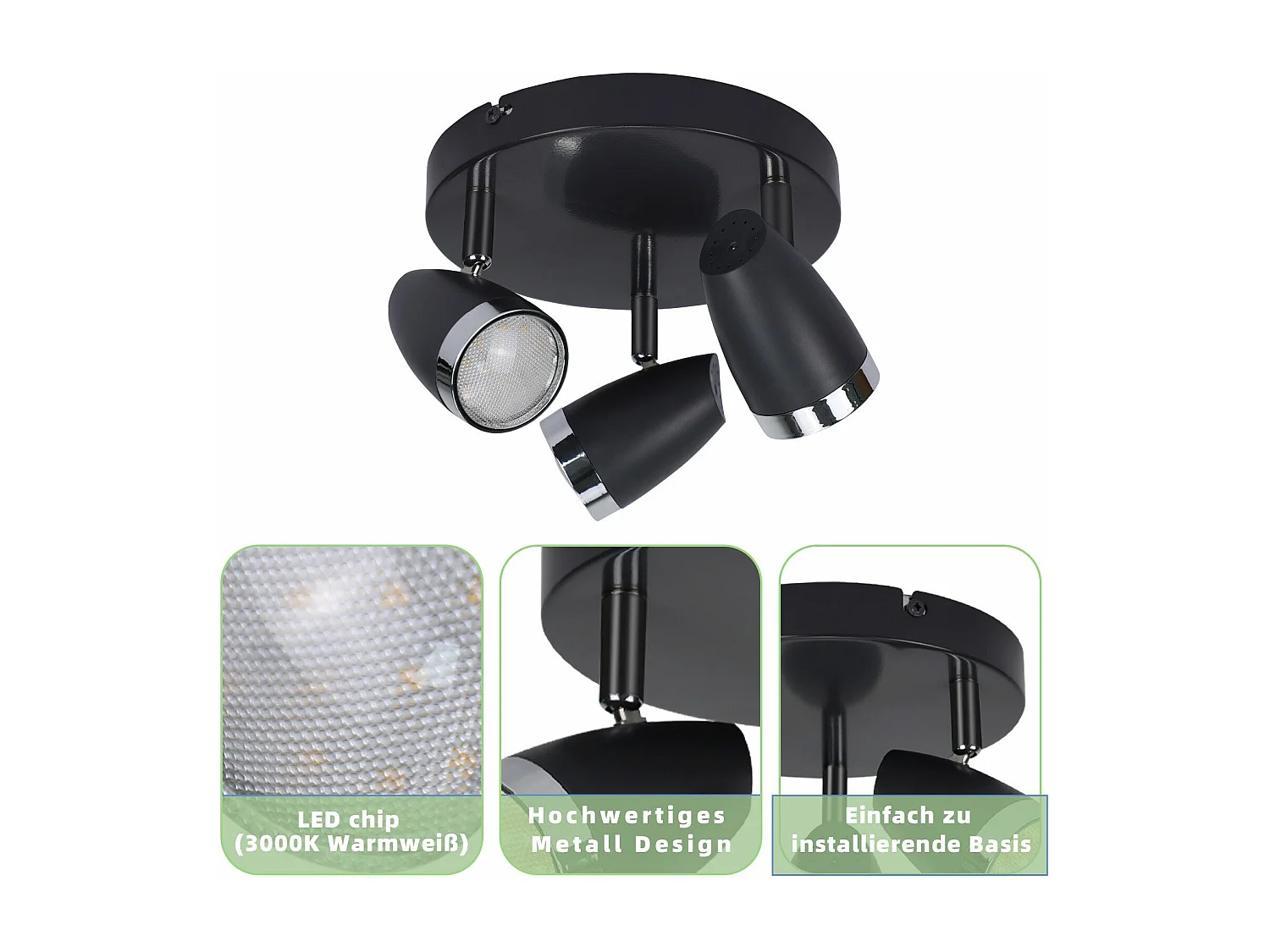 NETTLIFE Spot de plafond LED 3 ampoules moderne 4W noir 3000K orientable 350°