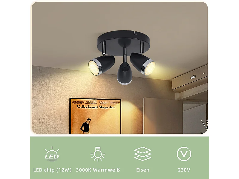 NETTLIFE Reflektor sufitowy LED 3 żarówki nowoczesny 4W czarny 3000K regulowany 350°