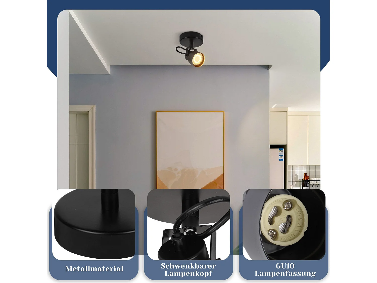 NETTLIFE Spot de plafond noir - Plafonnier vintage GU10 Lampe de cuisine pour salon couloir