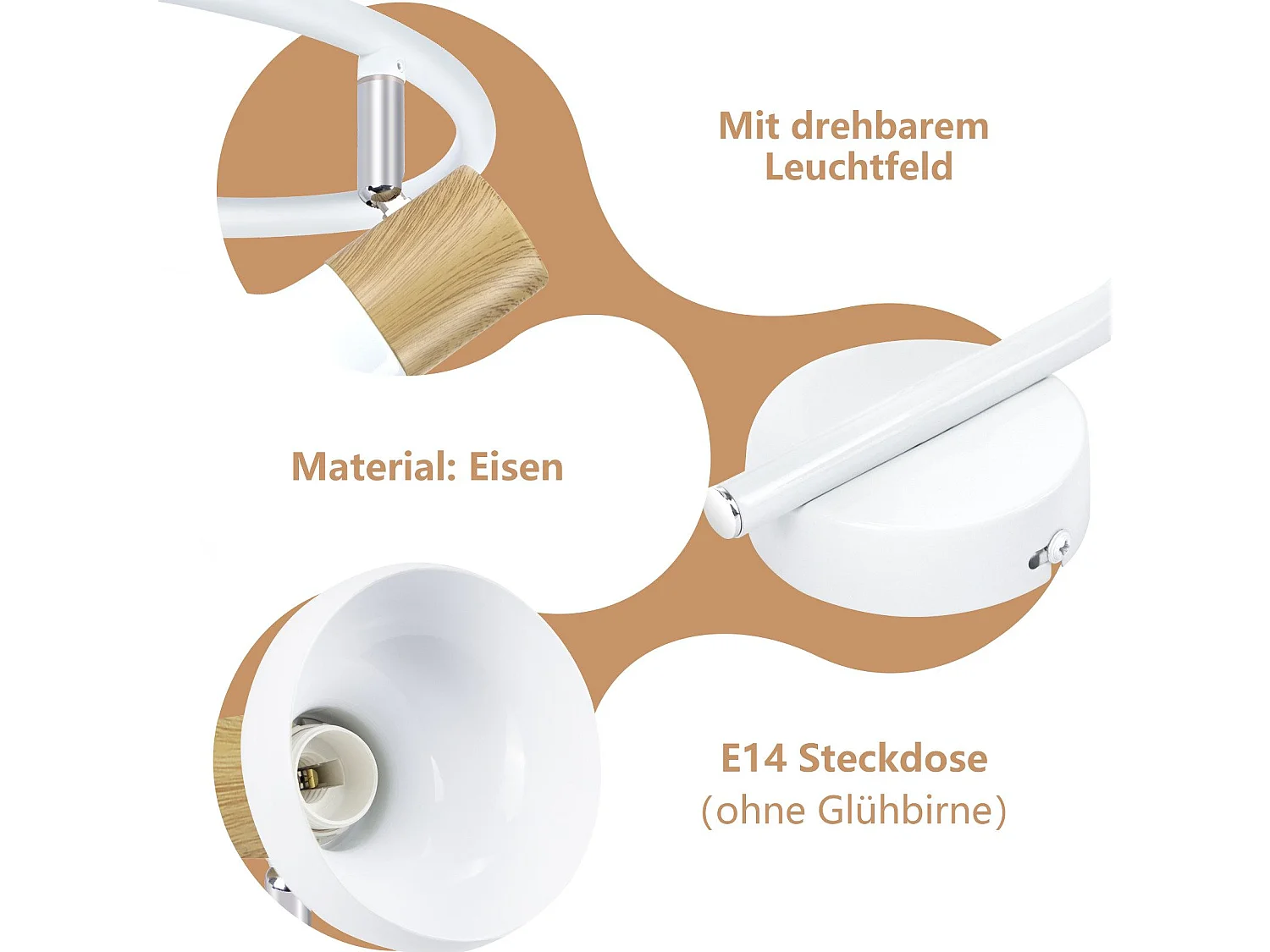 NETTLIFE Vintage Deckenstrahler E14 Innen 350° verstellbar weiß ohne Leuchtmittel Industrial 3-flammig rund