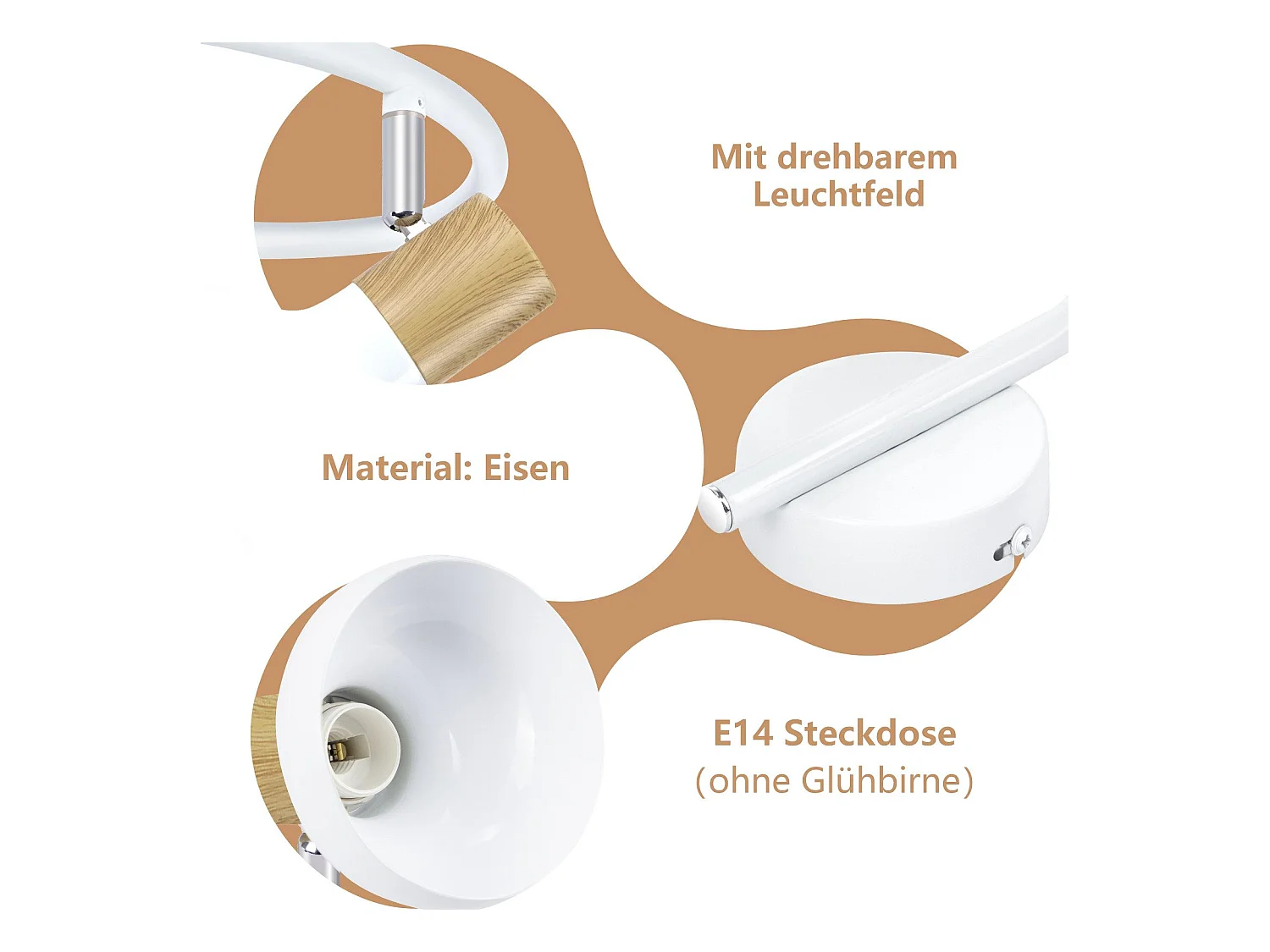 NETTLIFE Spot de plafond vintage E14 intérieur 350° orientable blancsans ampoule industriel 3 lampes rond