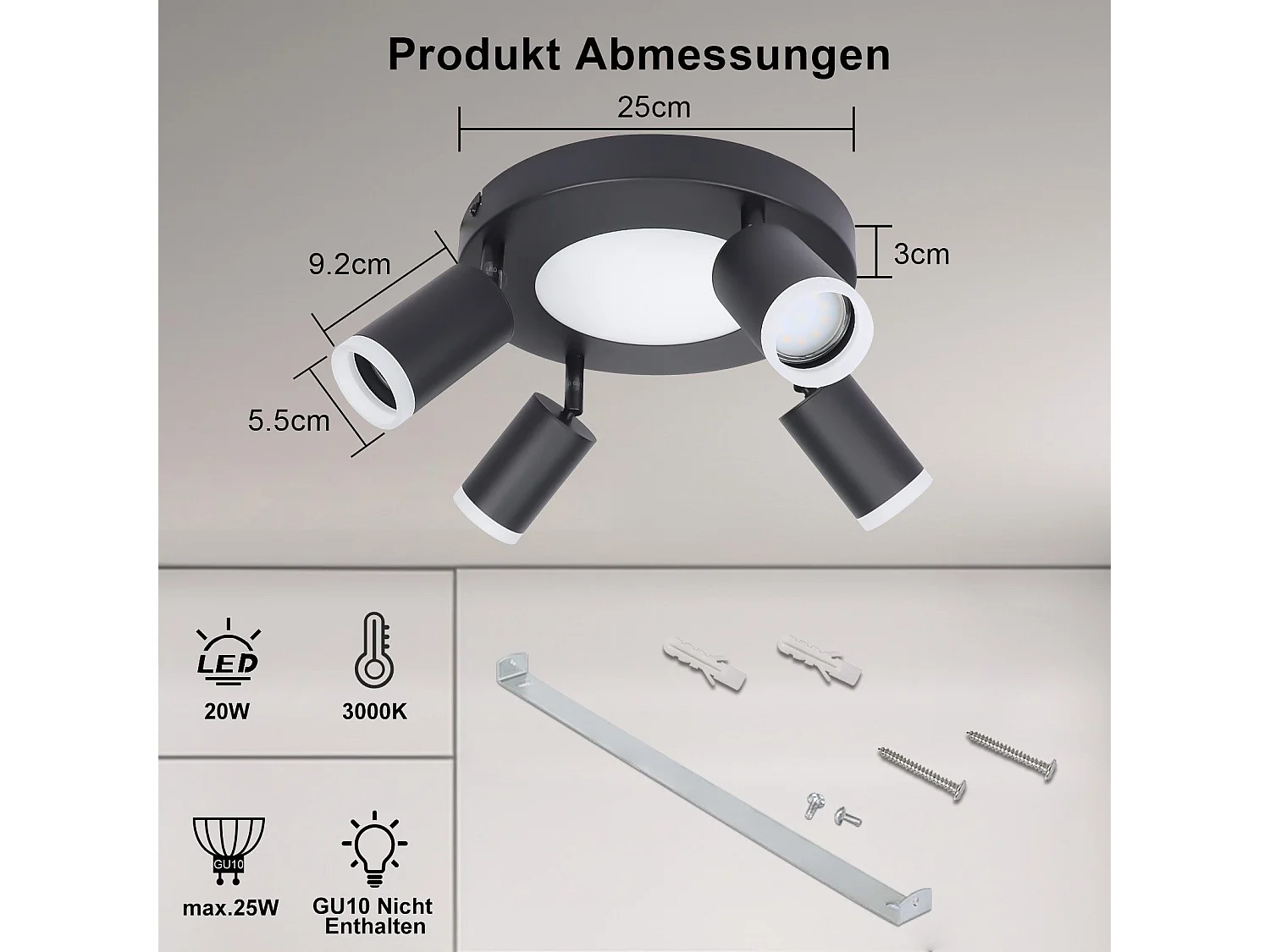 NETTLIFE Spot de plafond 4 ampoules GU10 20W chambre 3000k noir Pivotant Pivotant en métal à 350°