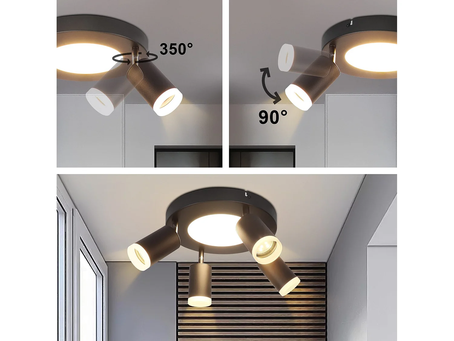 NETTLIFE Spot de plafond 4 ampoules GU10 20W chambre 3000k noir Pivotant Pivotant en métal à 350°