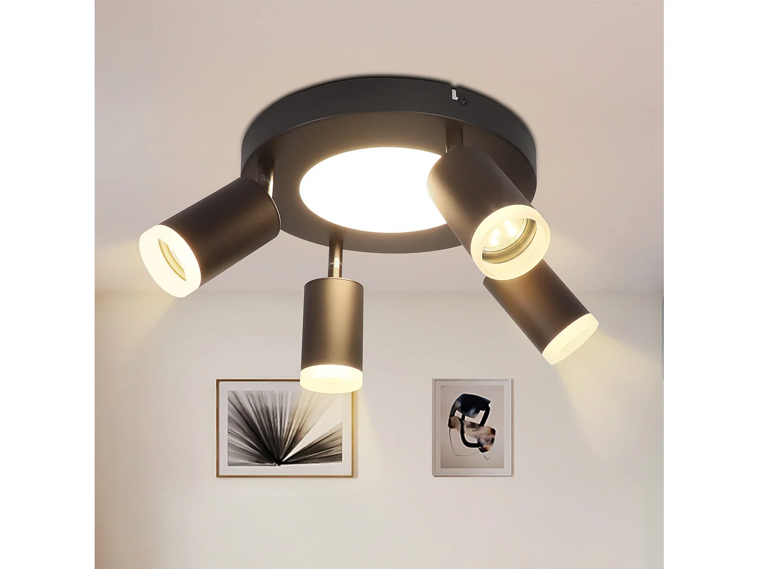 Faretto da soffitto NETTLIFE con 4 lampadine GU10 da 20W, 3000k, nero, orientabile, con struttura in metallo girevole a 350°