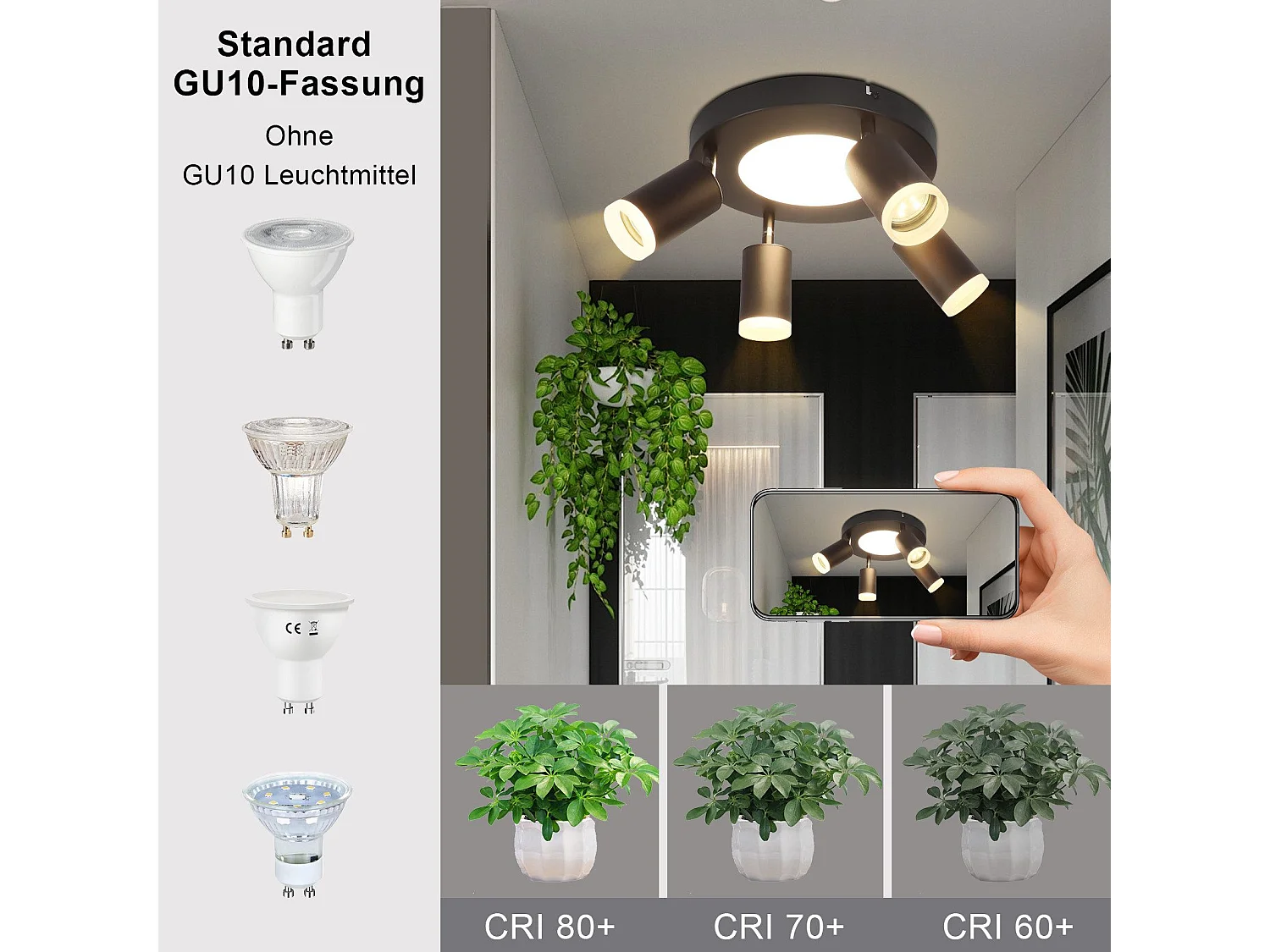 Faretto da soffitto NETTLIFE con 4 lampadine GU10 da 20W, 3000k, nero, orientabile, con struttura in metallo girevole a 350°