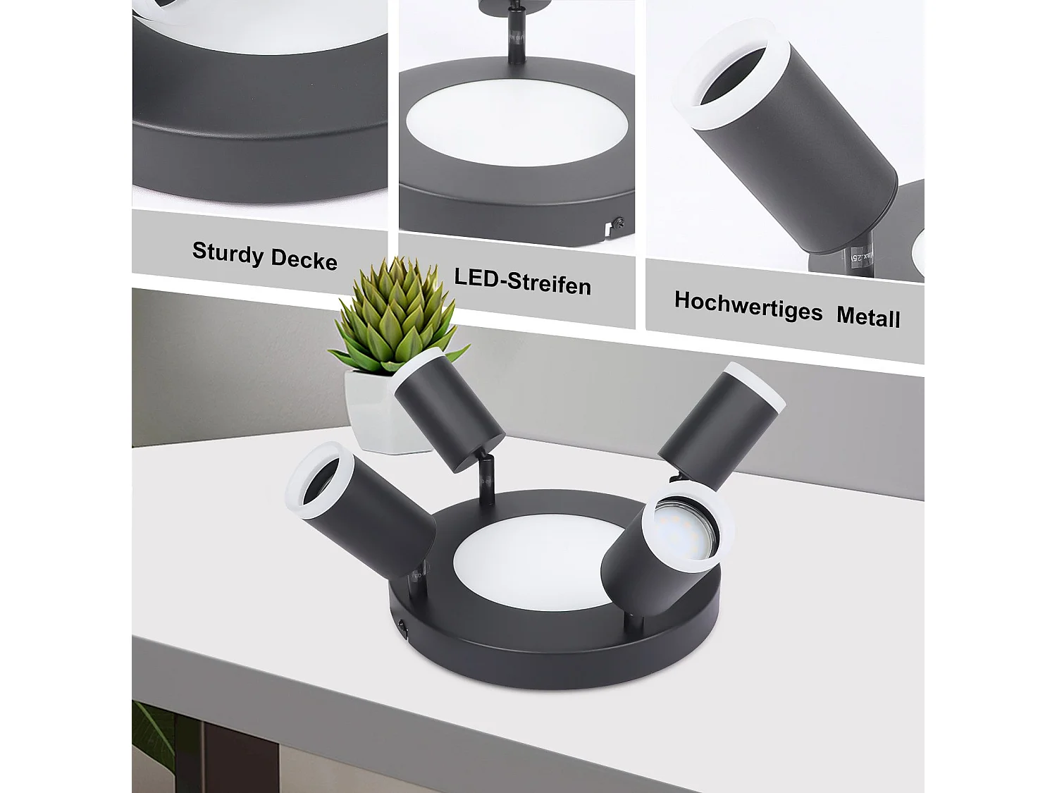Faretto da soffitto NETTLIFE con 4 lampadine GU10 da 20W, 3000k, nero, orientabile, con struttura in metallo girevole a 350°