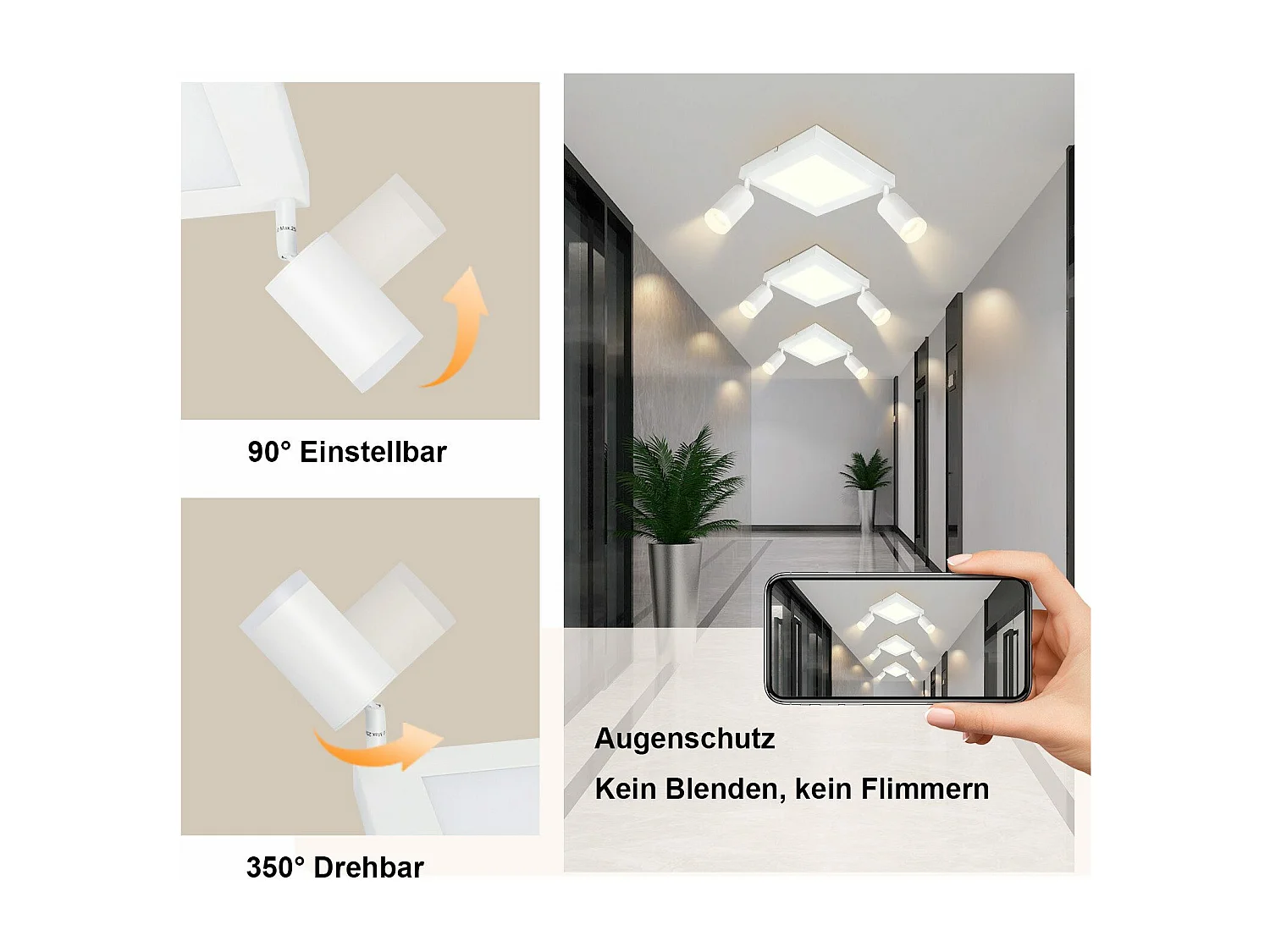 NETTLIFE Spot de plafond carré GU10 3000k blanc chaud 20W lampe de chambre orientable 350° blanc chaud