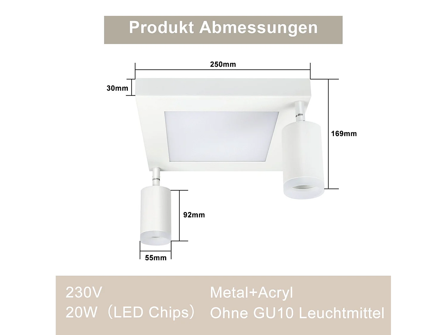 NETTLIFE Spot de plafond carré GU10 3000k blanc chaud 20W lampe de chambre orientable 350° blanc chaud