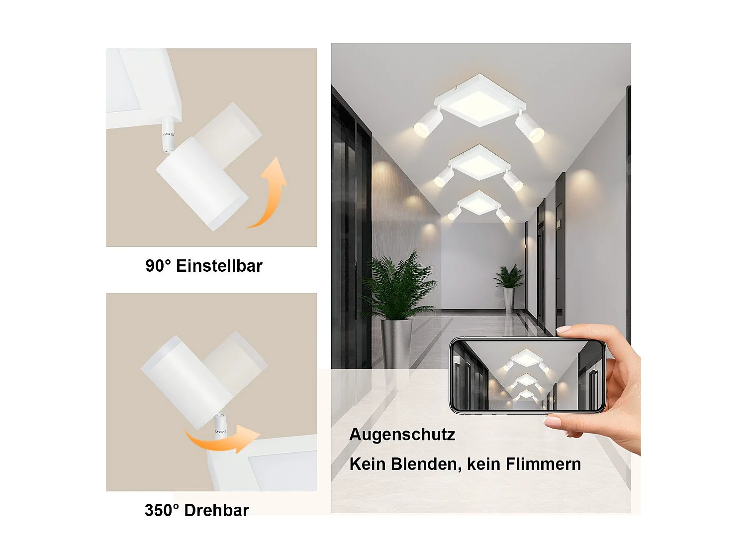 NETTLIFE Spot de plafond carré GU10 3000k blanc chaud 20W lampe de chambre orientable 350° blanc chaud