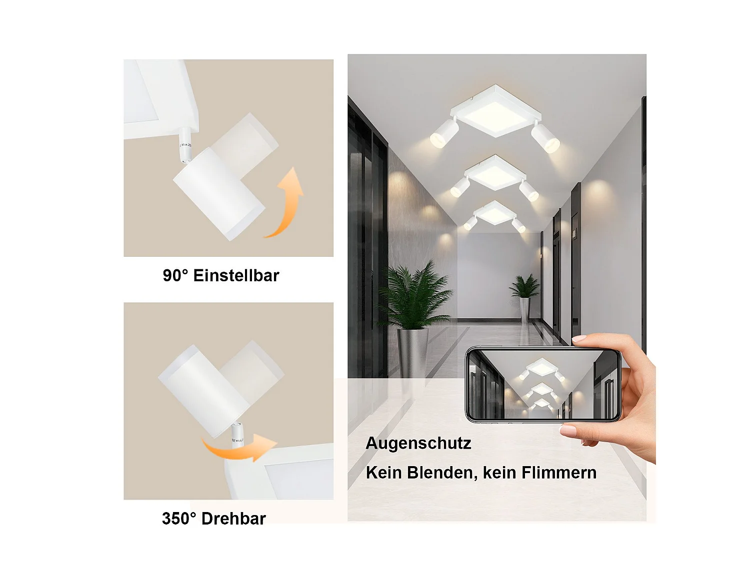 NETTLIFE Spot de plafond carré GU10 3000k blanc chaud 20W lampe de chambre orientable 350° blanc chaud