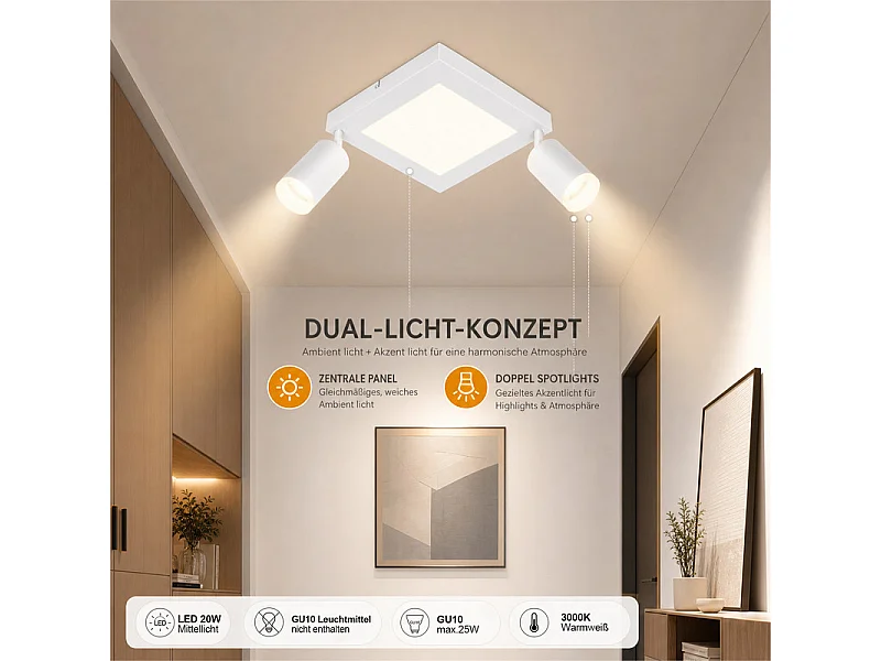 NETTLIFE Spot de plafond carré GU10 3000k blanc chaud 20W lampe de chambre orientable 350° blanc chaud