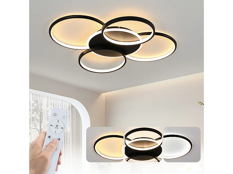 NETTLIFE Lámpara de techo LED para sala de estar regulable de 70 W con control remoto, 5 anillos, acrílico moderno blanco