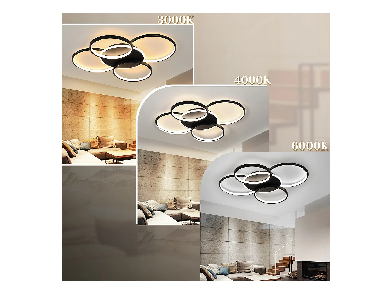 NETTLIFE Plafonnier LED salon dimmable 70W avec télécommande 5 anneaux blanc moderne acrylique