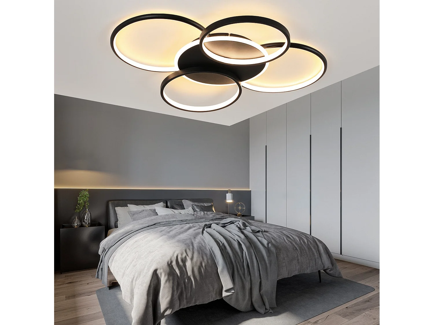 NETTLIFE Plafonnier LED salon dimmable 70W avec télécommande 5 anneaux blanc moderne acrylique