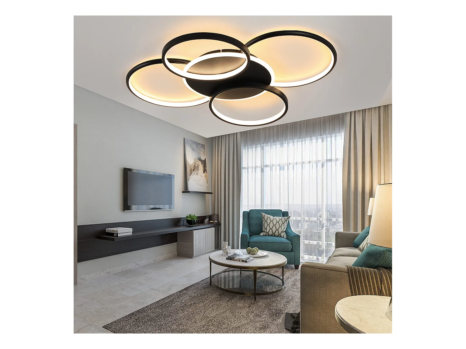 NETTLIFE Plafonnier LED salon dimmable 70W avec télécommande 5 anneaux blanc moderne acrylique