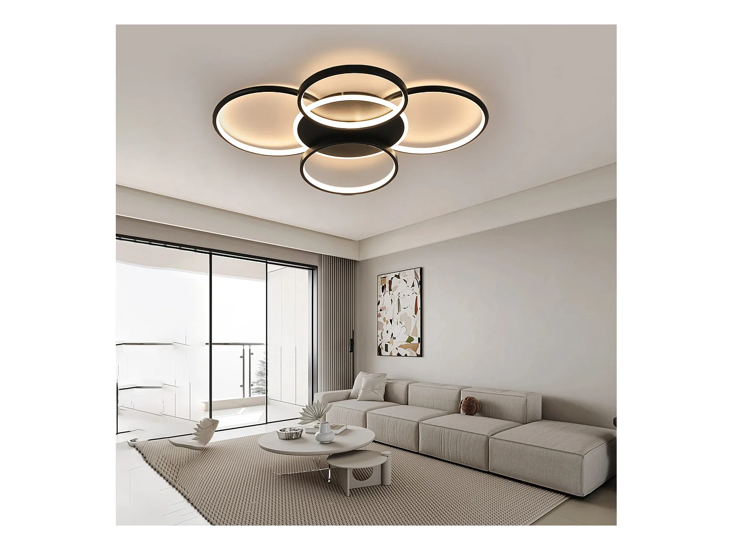 NETTLIFE Plafonnier LED salon dimmable 70W avec télécommande 5 anneaux blanc moderne acrylique