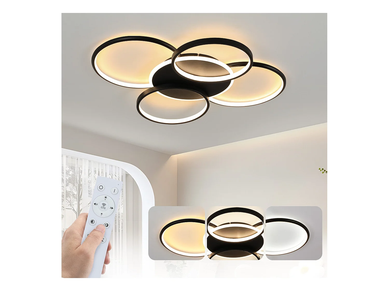 NETTLIFE Lámpara de techo LED para sala de estar regulable de 70 W con control remoto, 5 anillos, acrílico moderno blanco