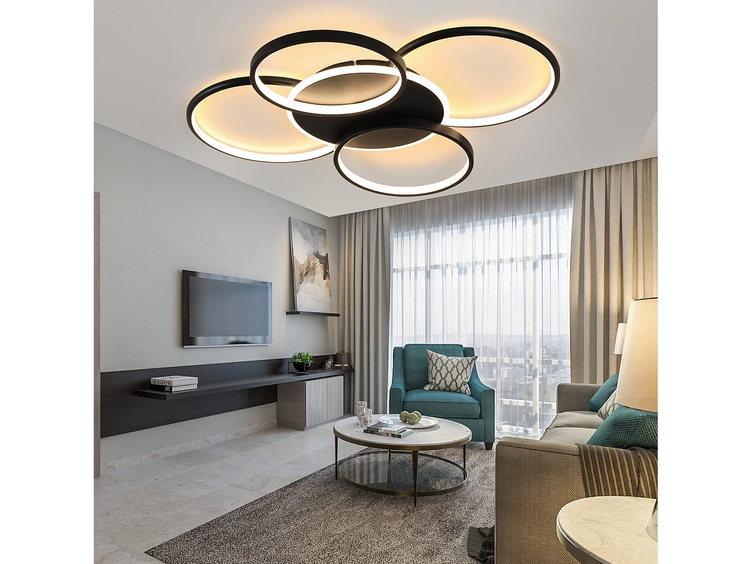 NETTLIFE Plafonnier LED salon dimmable 70W avec télécommande 5 anneaux blanc moderne acrylique