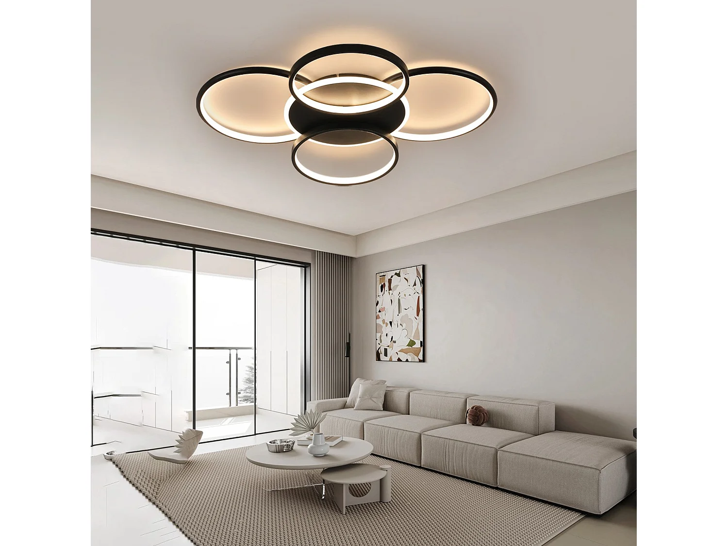 NETTLIFE Plafonnier LED salon dimmable 70W avec télécommande 5 anneaux blanc moderne acrylique