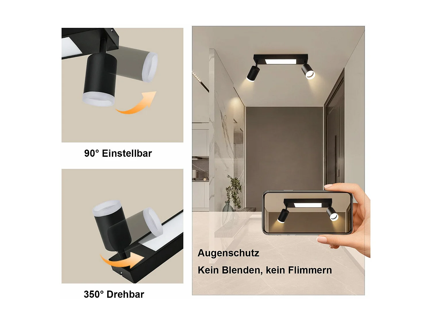 NETTLIFE Spot plafond 2 ampoules GU10 chambre 3000k 20W cuisine noir blanc chaud orientable métal pour