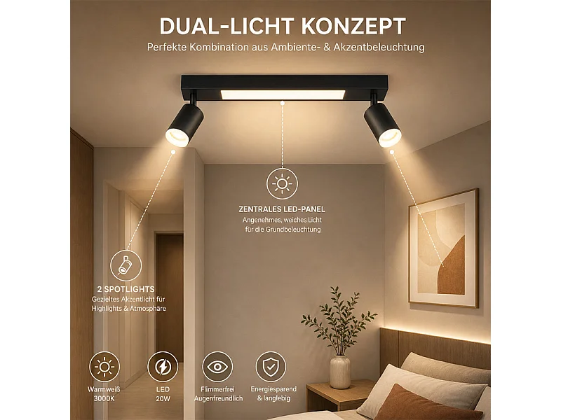 NETTLIFE Spot plafond 2 ampoules GU10 chambre 3000k 20W cuisine noir blanc chaud orientable métal pour
