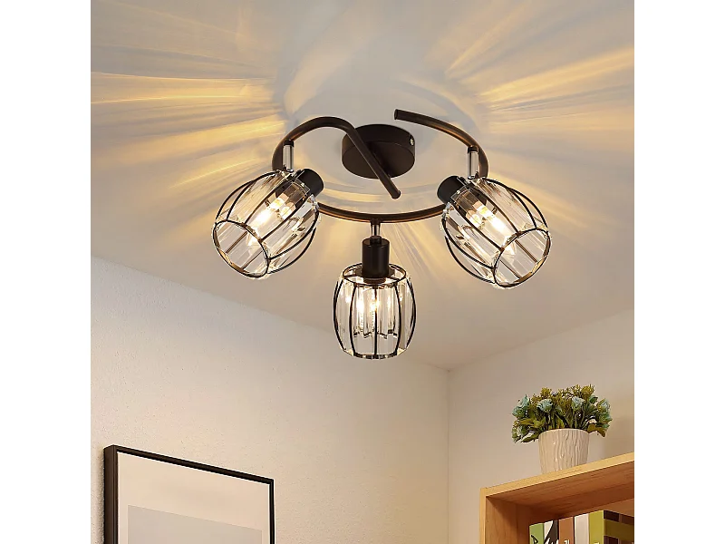 3-punktowy, zabytkowy, czarny kryształowy reflektor sufitowy E14 do korytarza, obrotowy 350°, przemysłowy