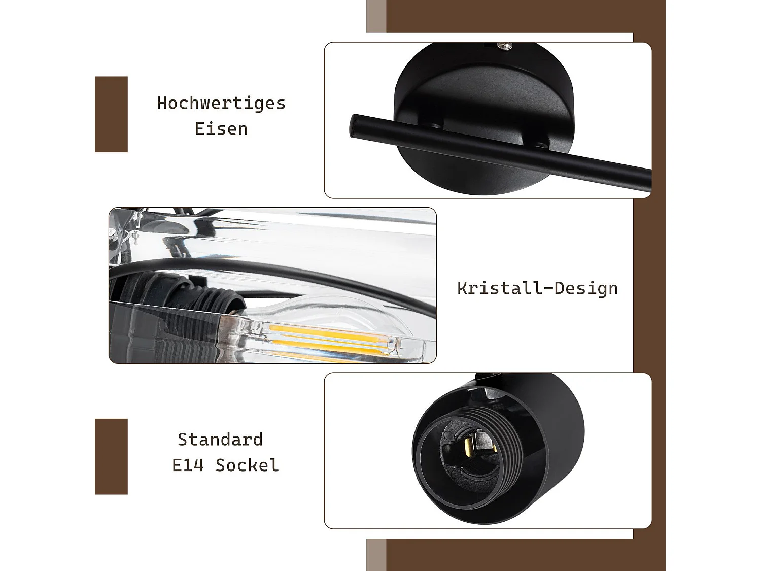 3-lichts vintage zwarte kristallen plafondspot E14 voor gang, 350° draaibaar, industrieel