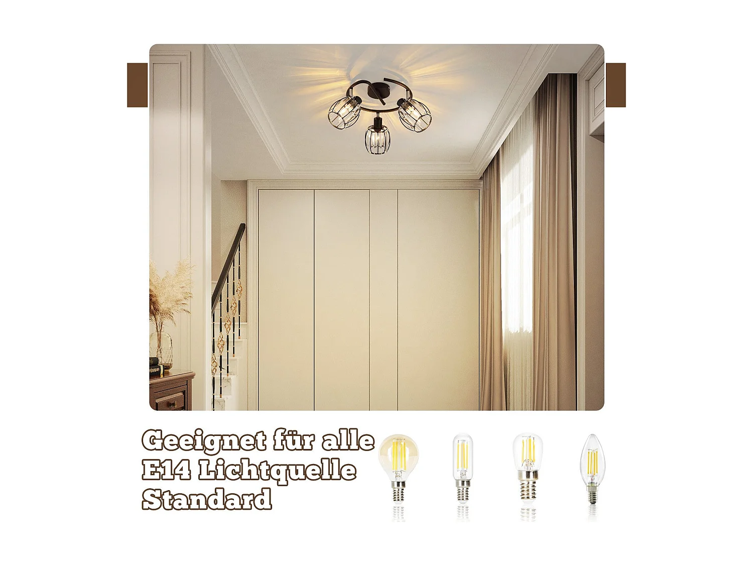 3-flammiger Vintage Deckenstrahler aus schwarzem Kristall E14 für Flur, 350° schwenkbar, Industriedesign