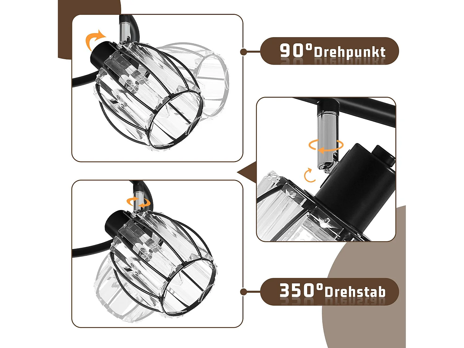 Spot De Plafond 3er En Cristal Noir Vintage E14 Pour Couloir, Pivotant à 350°, Industriel