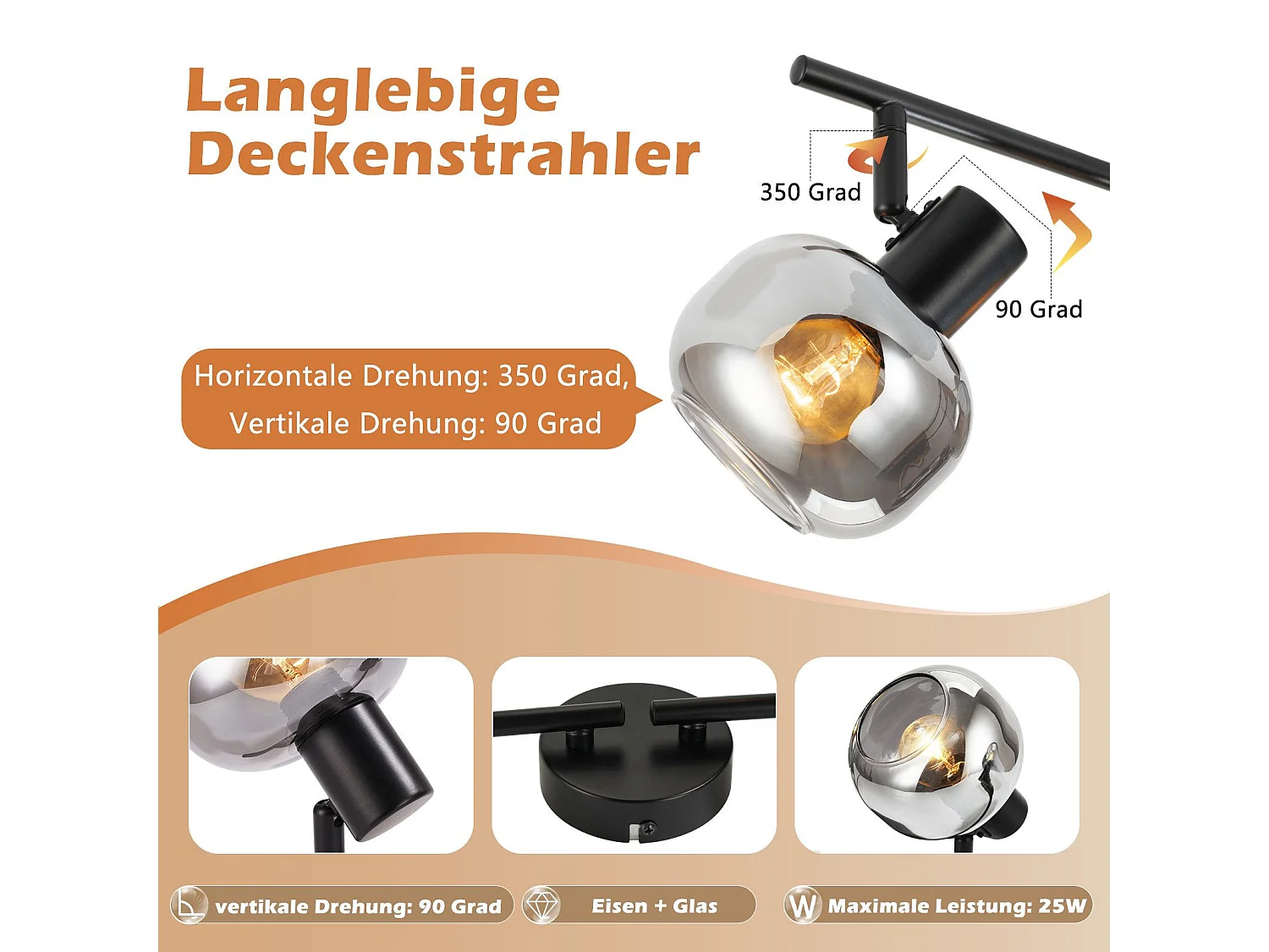 NETTLIFE Spot plafond salon vintage verre gris fumé 4 E14 orientable 350°