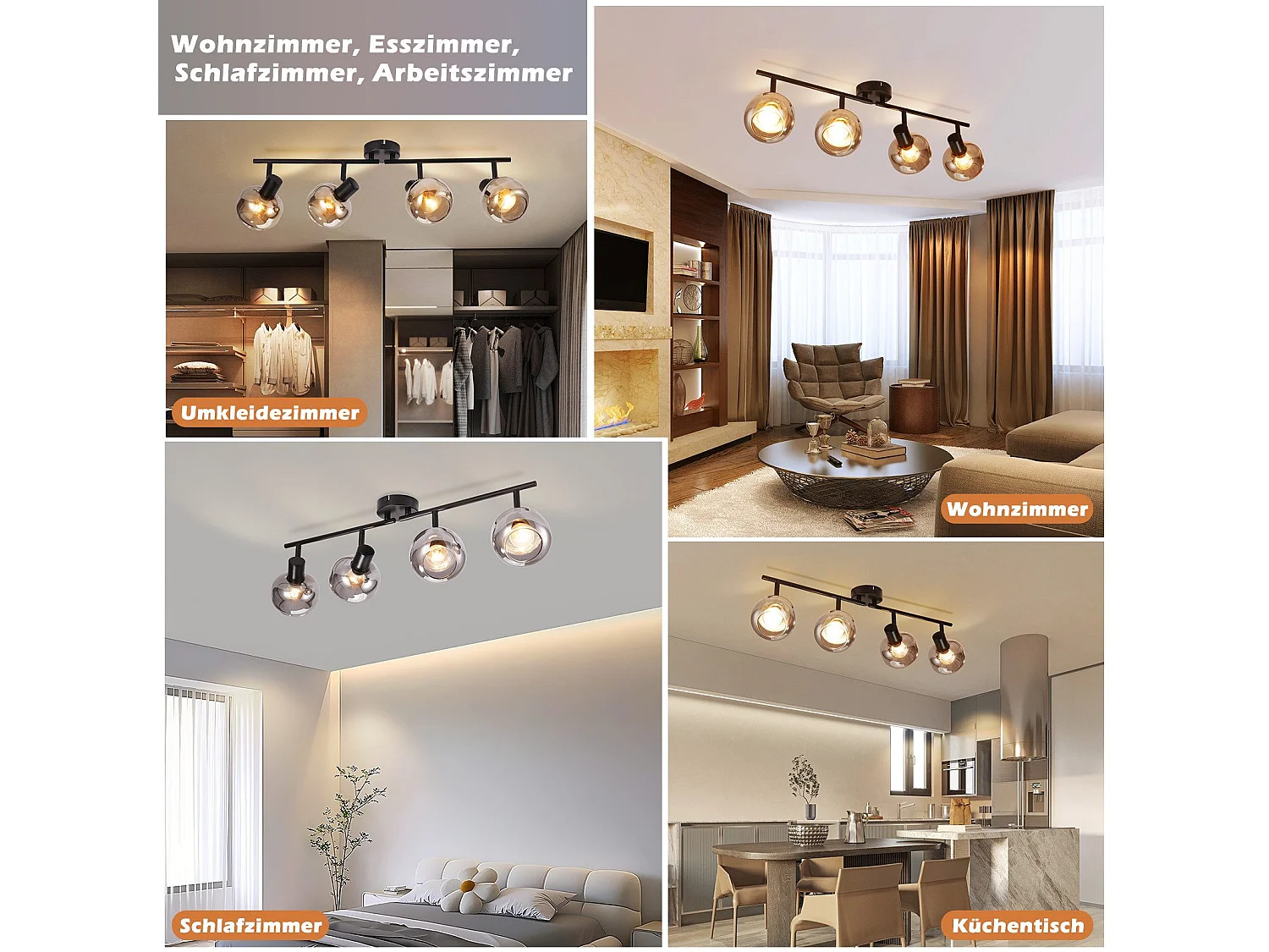 NETTLIFE Spot plafond salon vintage verre gris fumé 4 E14 orientable 350°