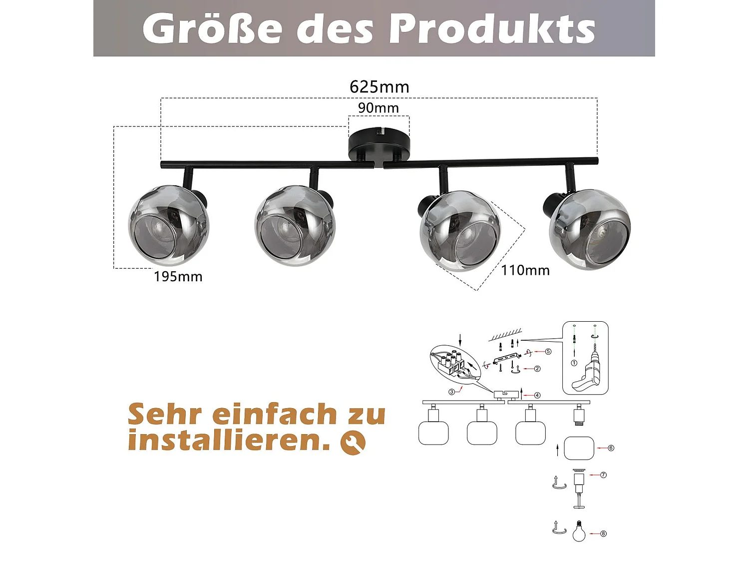 NETTLIFE Spot plafond salon vintage verre gris fumé 4 E14 orientable 350°