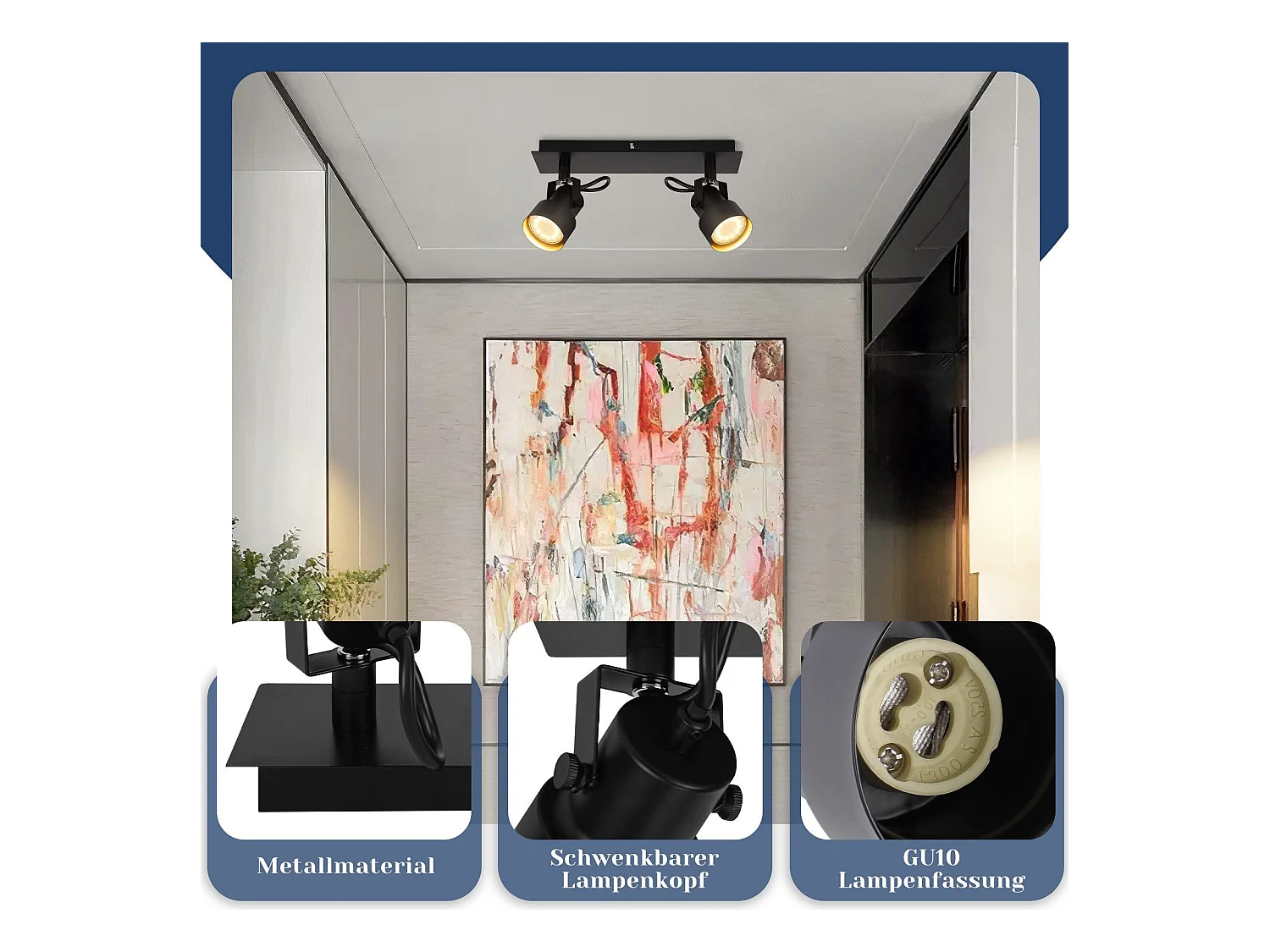 NETTLIFE Zwarte Plafondspot Vintage Plafondlamp GU10 Keukenlamp voor Verstelbare 2 Vlammen Vintage 350°