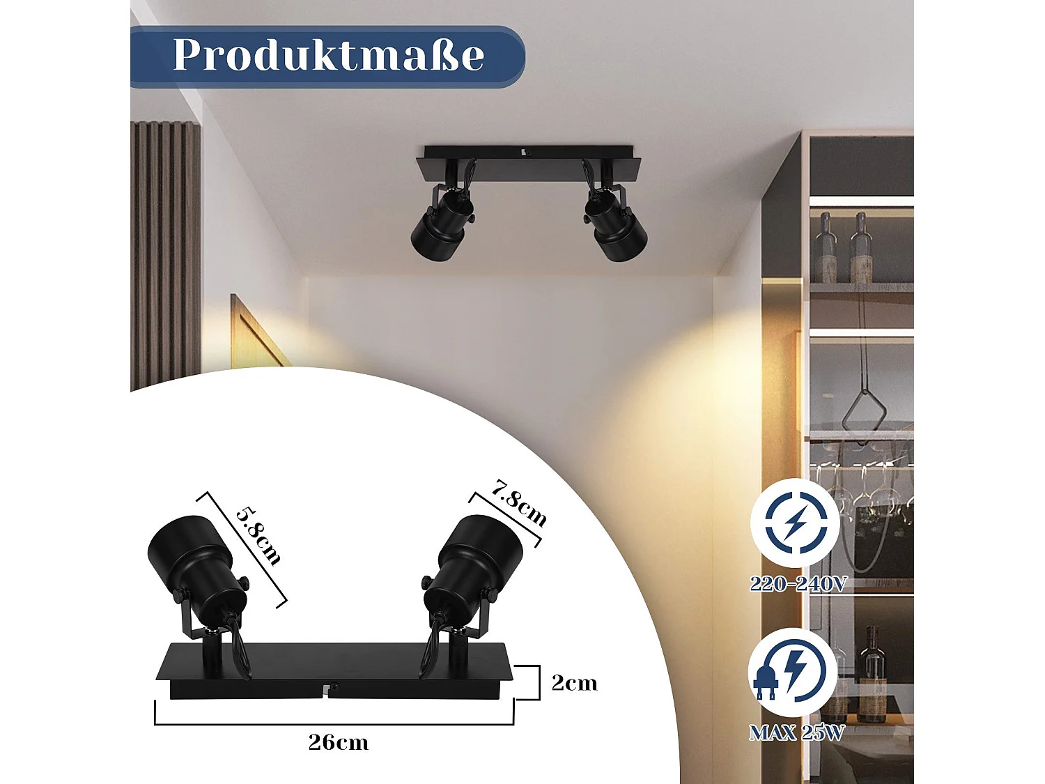 NETTLIFE Spot de Plafond Noir Plafonnier Vintage GU10 Lampe de Cuisine pour Orientable 2 Flammes Vintage 350°