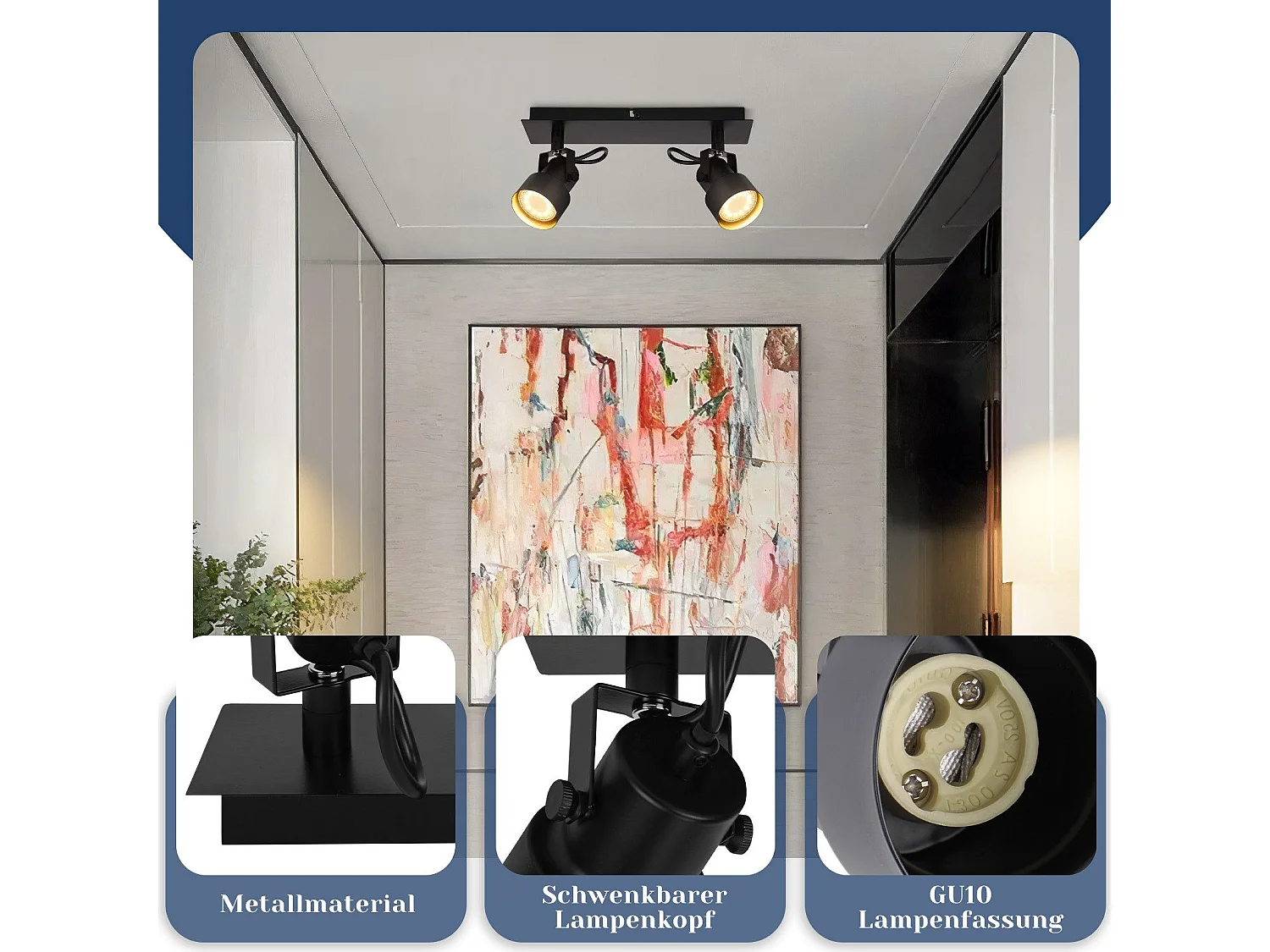 NETTLIFE Spot de Plafond Noir Plafonnier Vintage GU10 Lampe de Cuisine pour Orientable 2 Flammes Vintage 350°