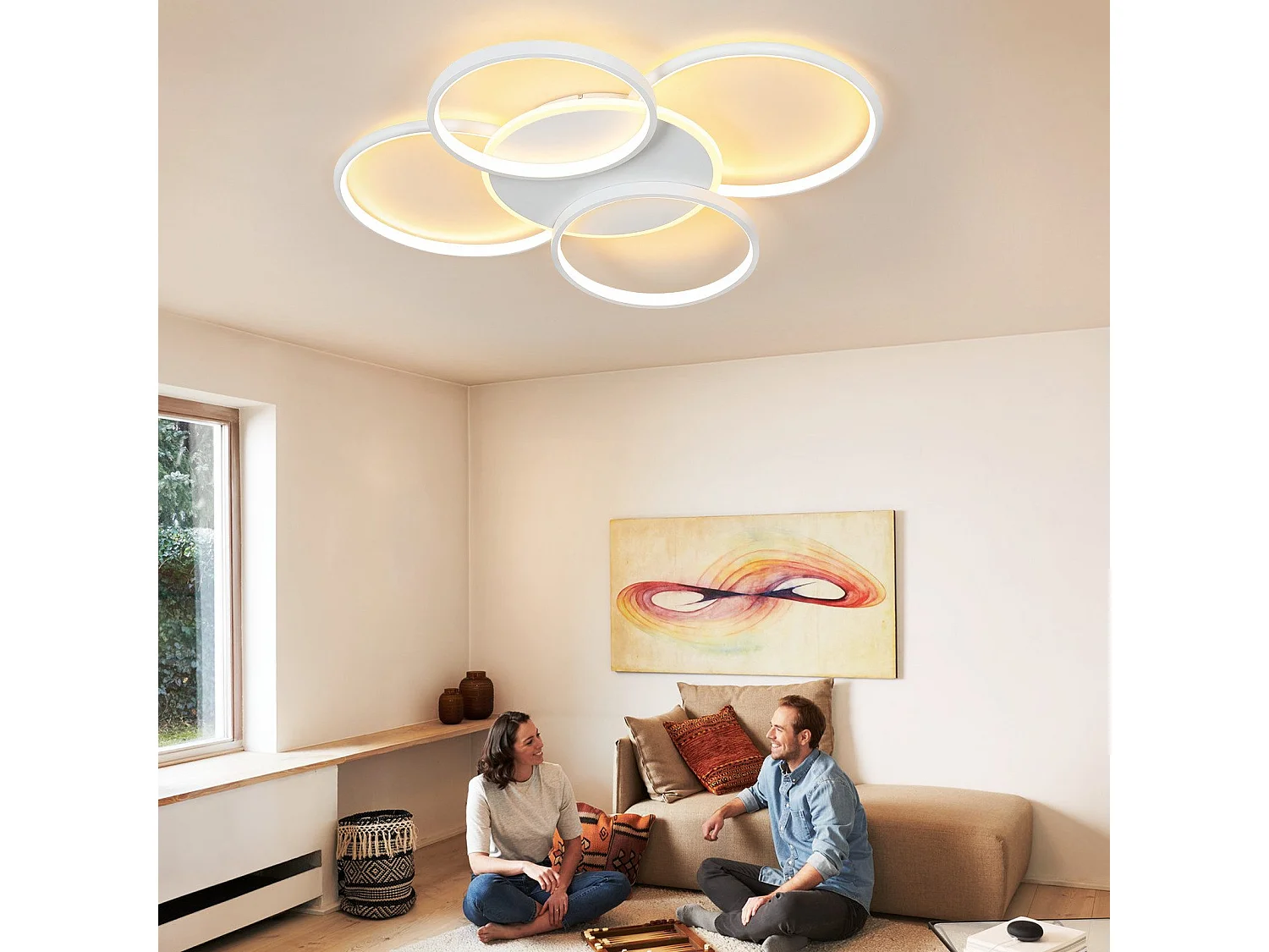 NETTLIFE Lampa sufitowa LED do salonu ściemnialna 70 W z pilotem 5 pierścieni biała nowoczesna akrylowa ściemnialna