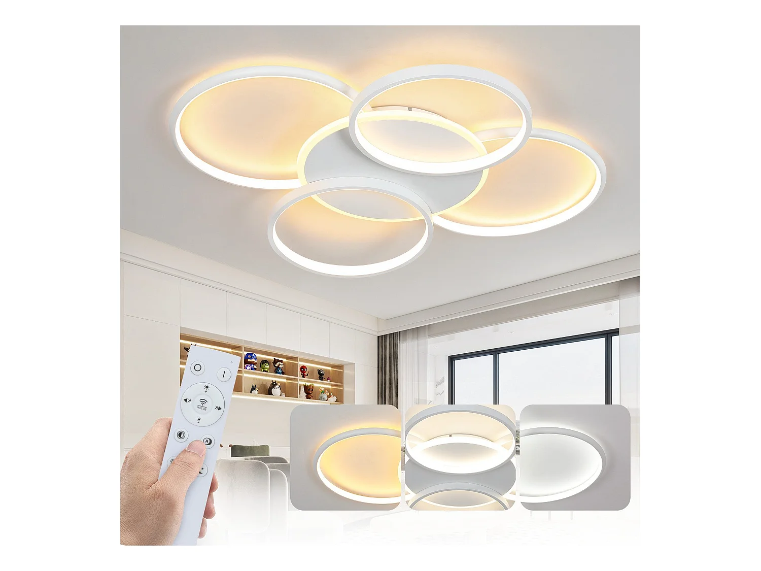 NETTLIFE Plafonnier LED Salon Dimmable 70W avec télécommande 5 anneaux Blanc Moderne Acrylique Dimmable