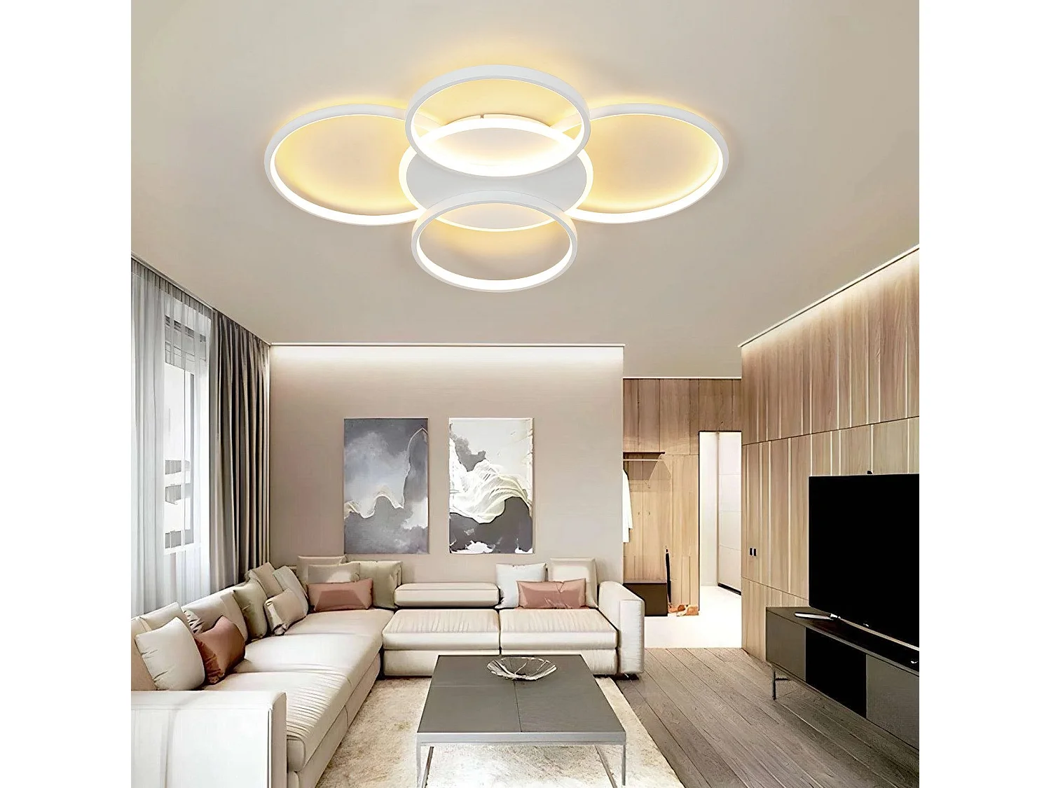 NETTLIFE LED Plafondlamp Woonkamer Dimbaar 70W met Afstandsbediening 5 Ringen Wit Modern Acryl Dimbaar