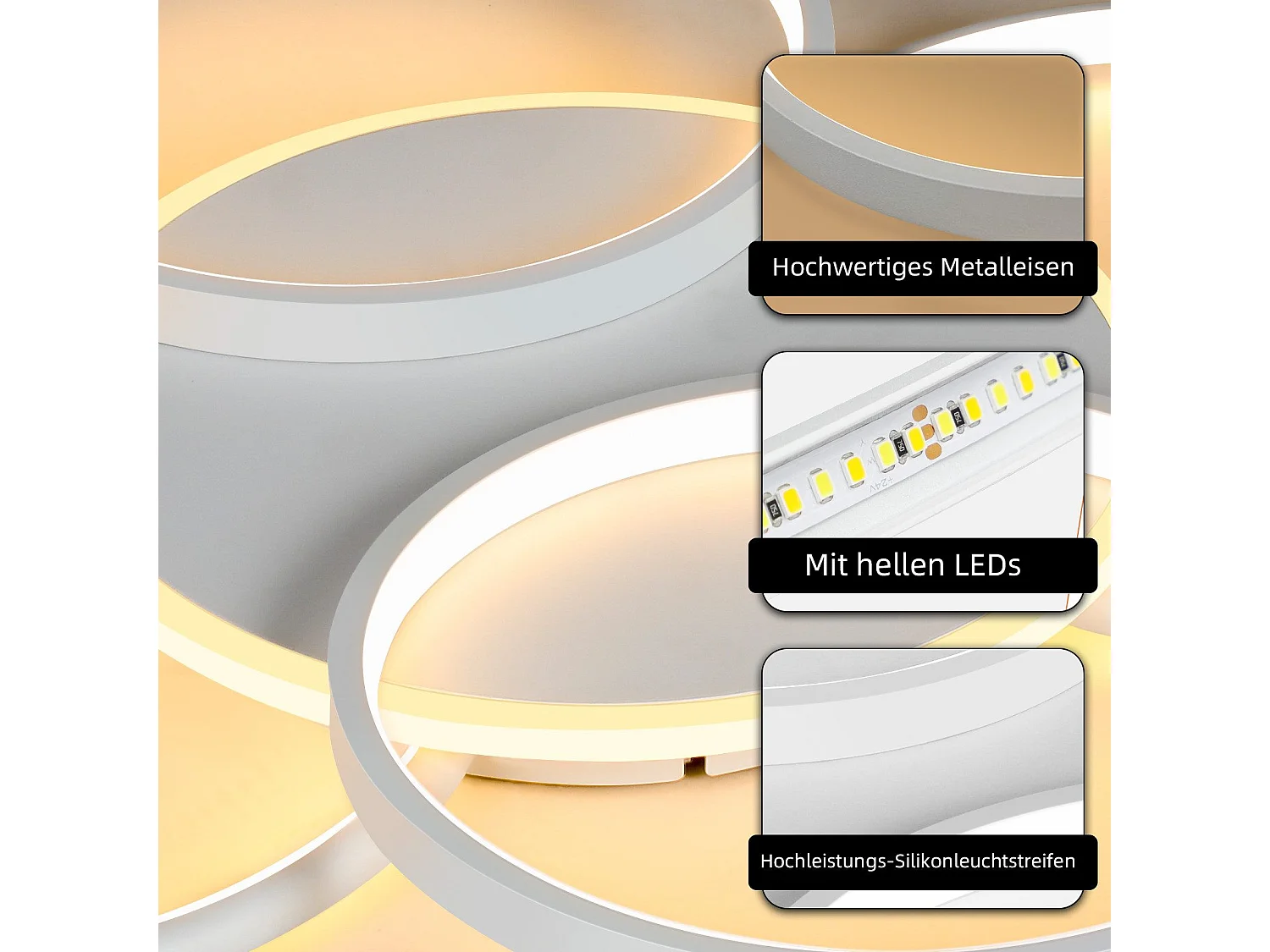 NETTLIFE Plafonnier LED Salon Dimmable 70W avec télécommande 5 anneaux Blanc Moderne Acrylique Dimmable