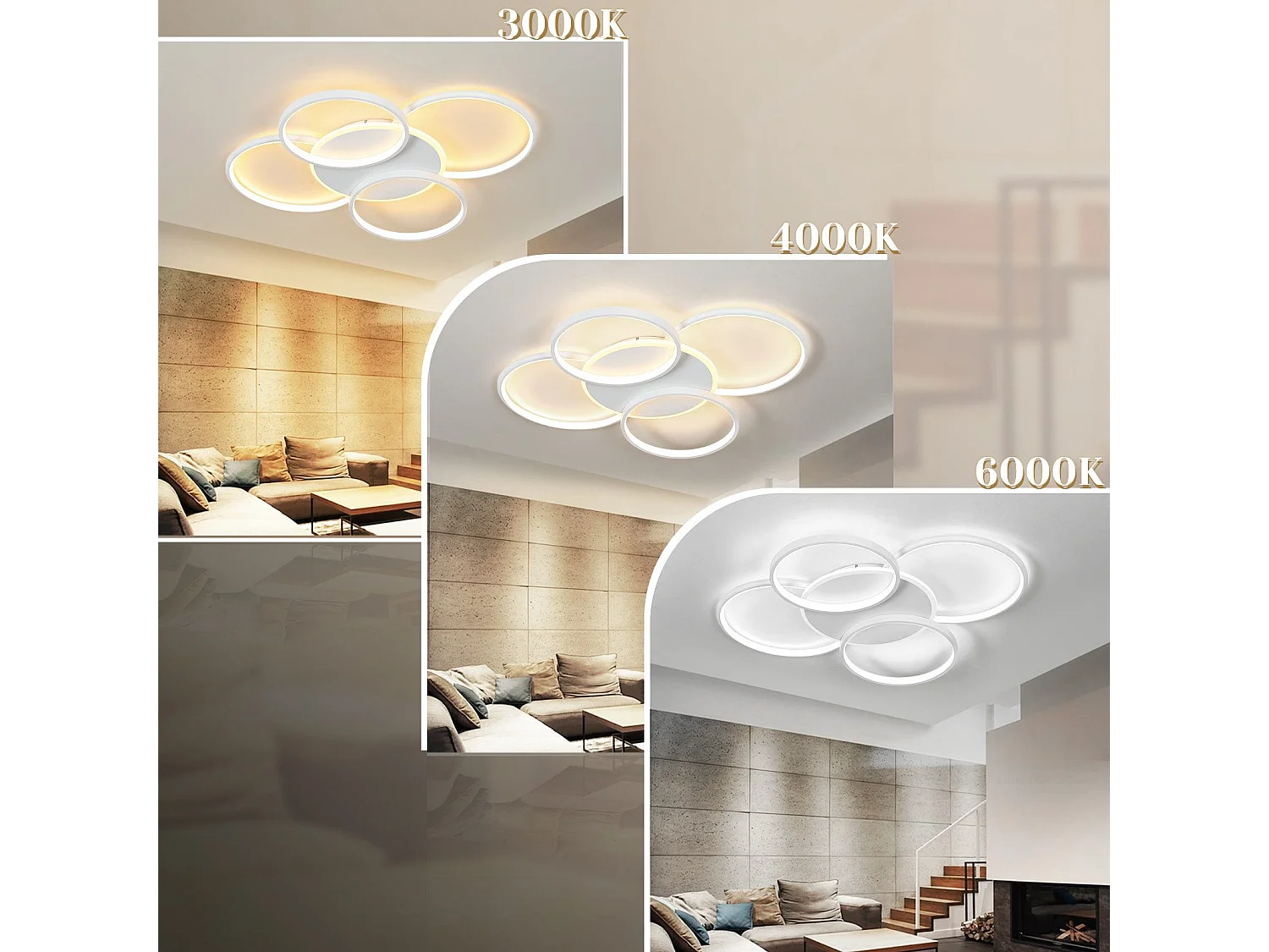 NETTLIFE Plafonnier LED Salon Dimmable 70W avec télécommande 5 anneaux Blanc Moderne Acrylique Dimmable