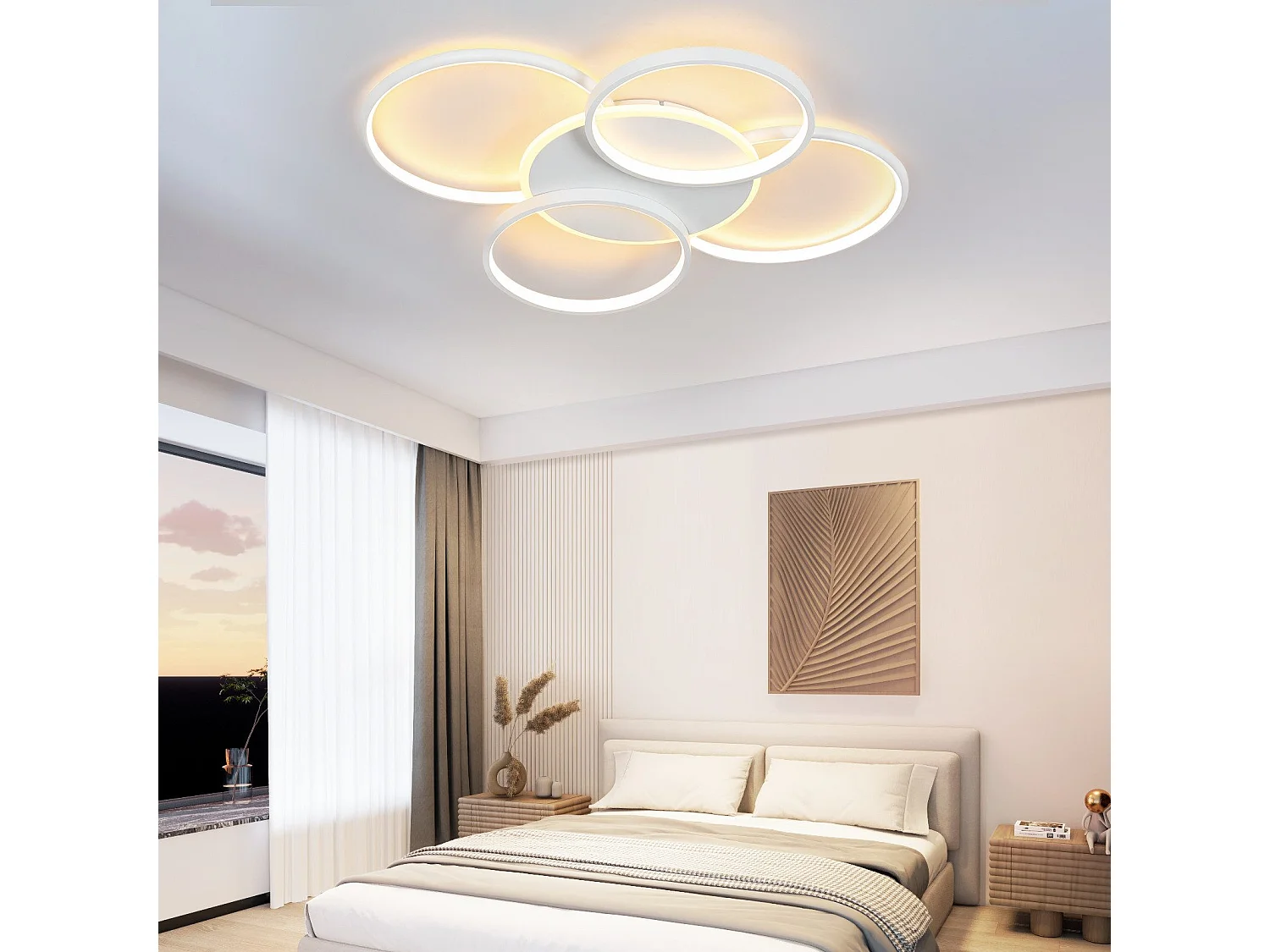 NETTLIFE Plafonnier LED Salon Dimmable 70W avec télécommande 5 anneaux Blanc Moderne Acrylique Dimmable