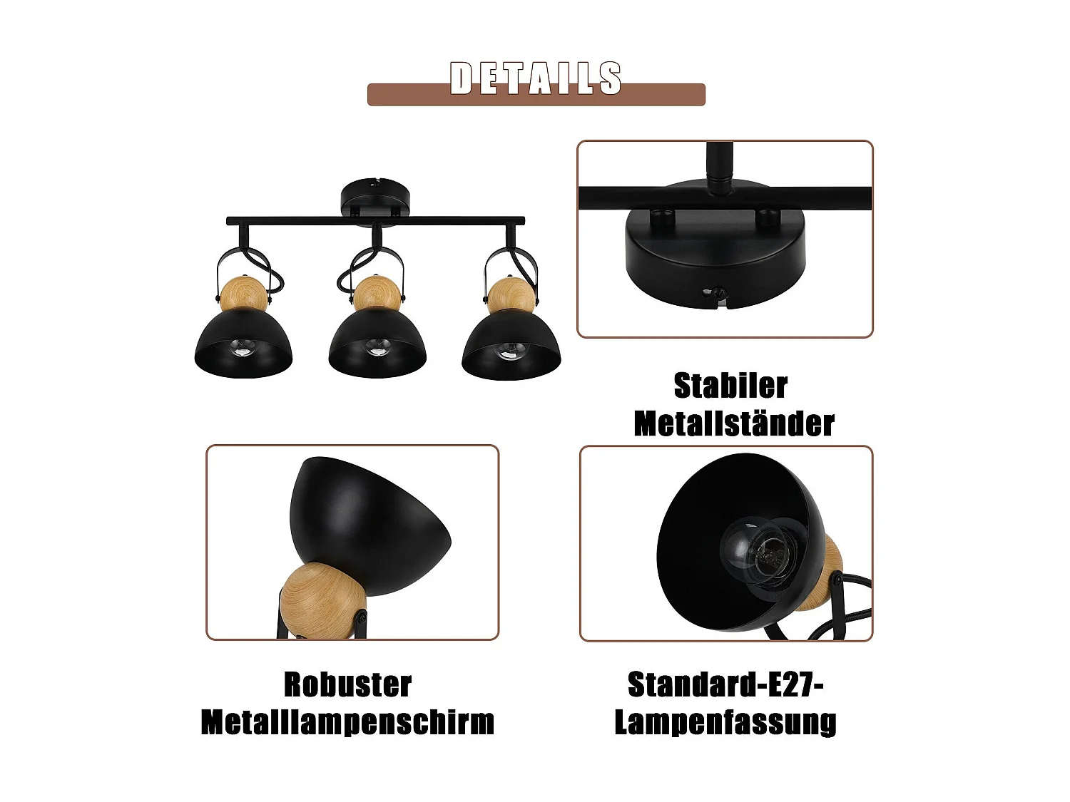 NETTLIFE Vintage Schwarz Deckenstrahler E27 350° Verstellbar Retro Industrial Metall Flurlampe 3 Flammig