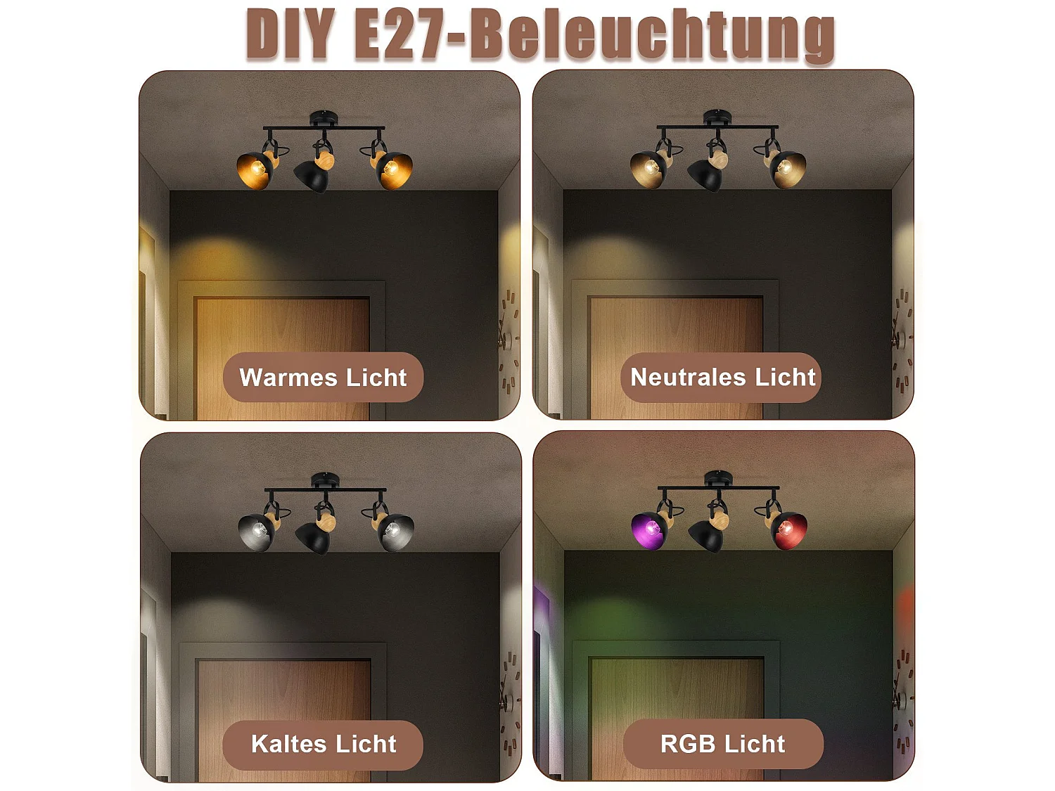 NETTLIFE Vintage Schwarz Deckenstrahler E27 350° Verstellbar Retro Industrial Metall Flurlampe 3 Flammig