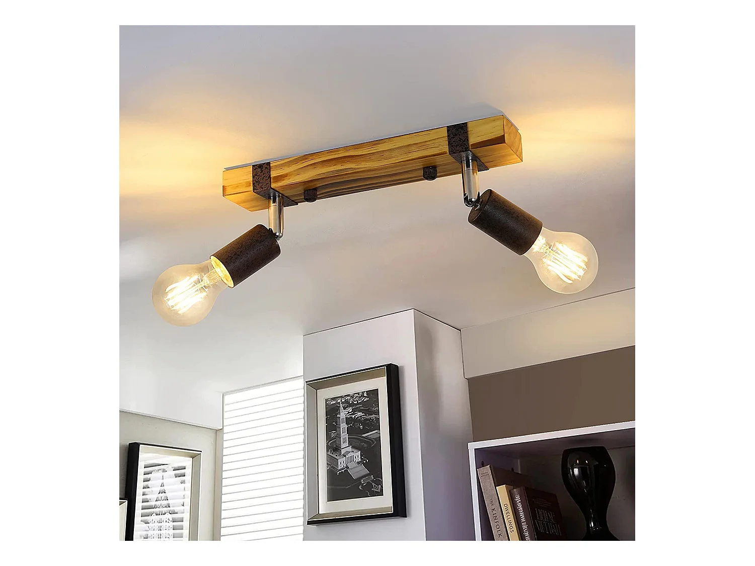 NETTLIFE Spot de plafond rétro 2 lampes dimmable avec poutre en bois, LED orientable, interchangeable