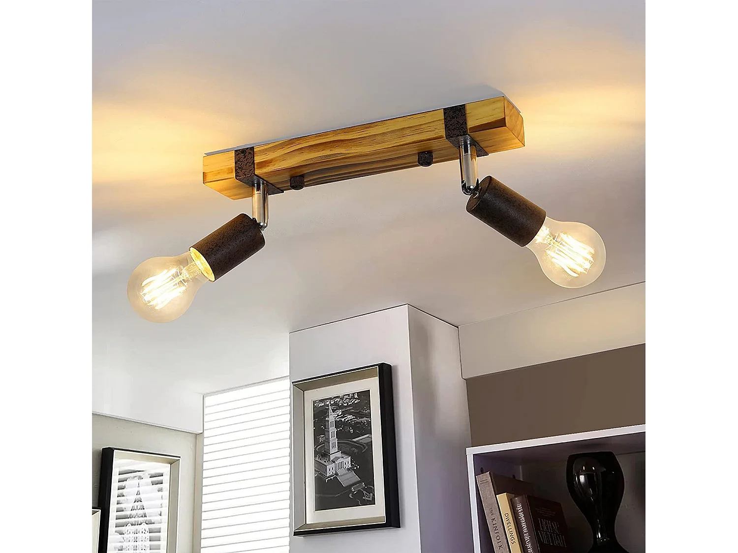 NETTLIFE Retro plafondspot 2 lampen dimbaar met houten balk, LED verstelbaar, verwisselbaar