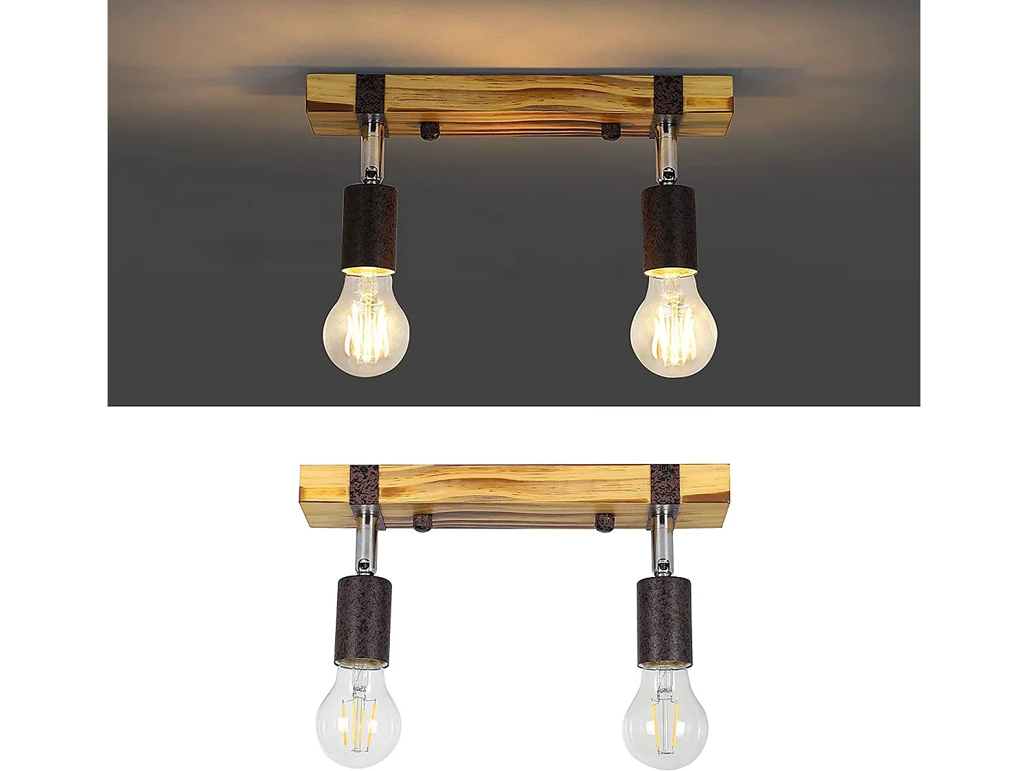 NETTLIFE Retro plafondspot 2 lampen dimbaar met houten balk, LED verstelbaar, verwisselbaar