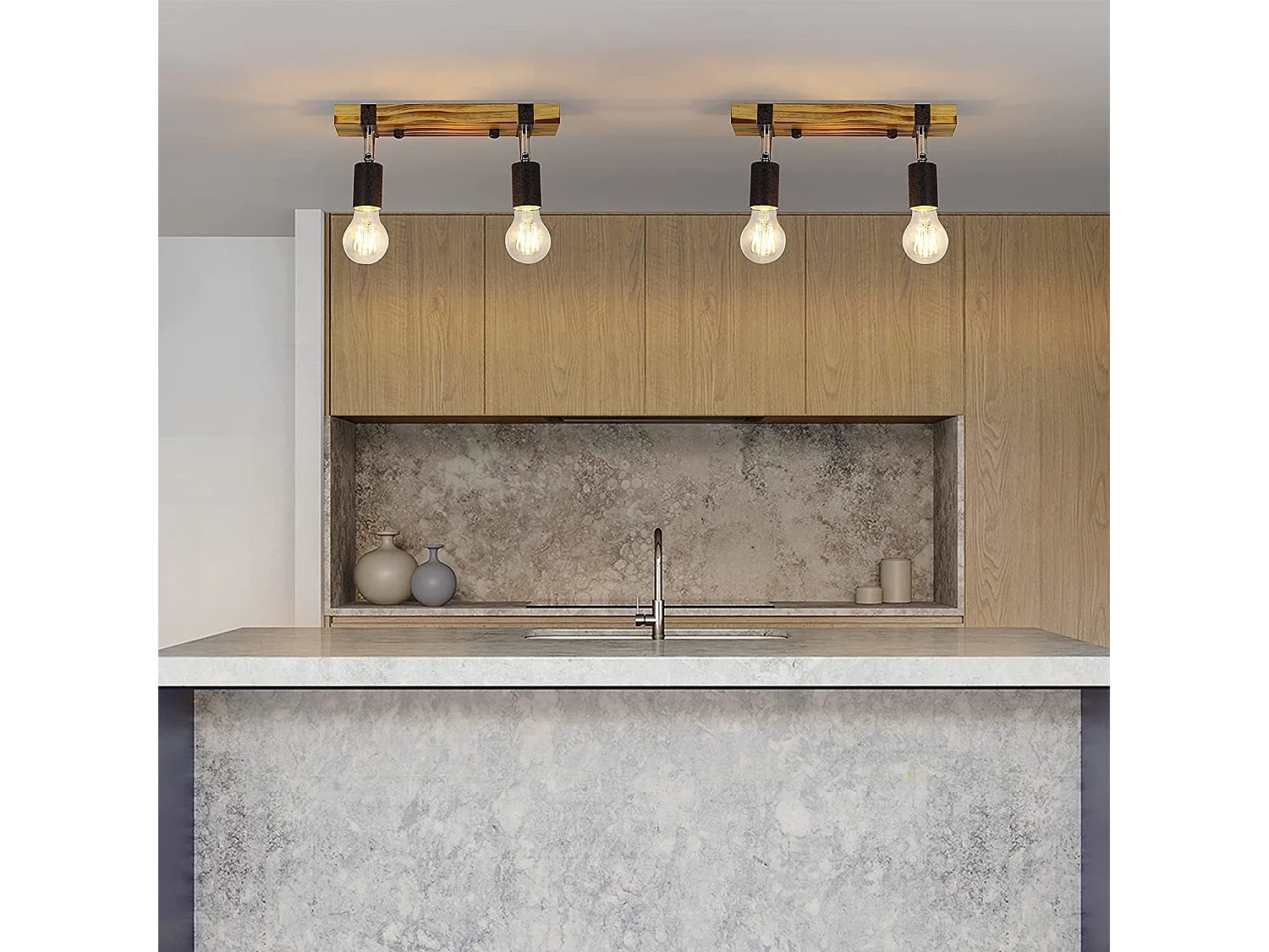 NETTLIFE Spot de plafond rétro 2 lampes dimmable avec poutre en bois, LED orientable, interchangeable