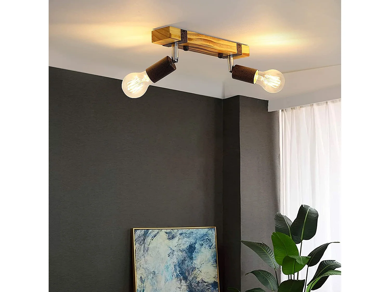 NETTLIFE Spot de plafond rétro 2 lampes dimmable avec poutre en bois, LED orientable, interchangeable
