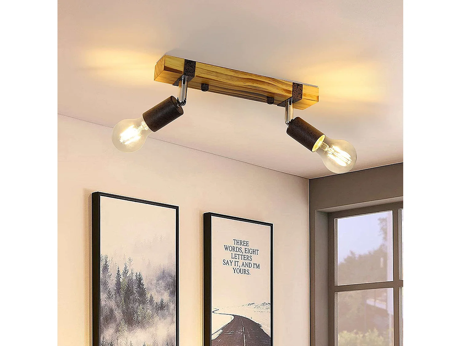 NETTLIFE Spot de plafond rétro 2 lampes dimmable avec poutre en bois, LED orientable, interchangeable